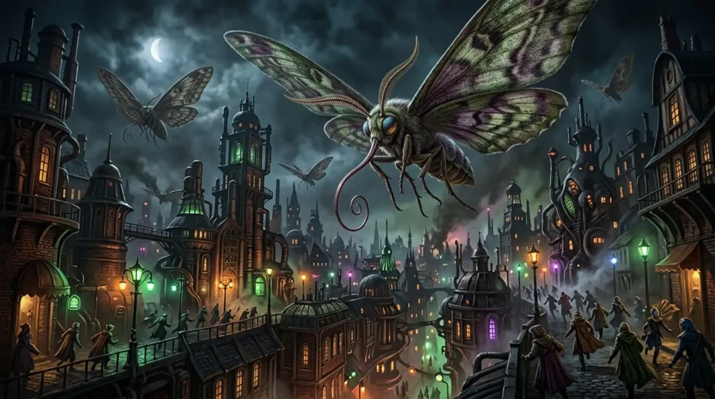 Giant Slake Moths flying over a surreal fantasy city