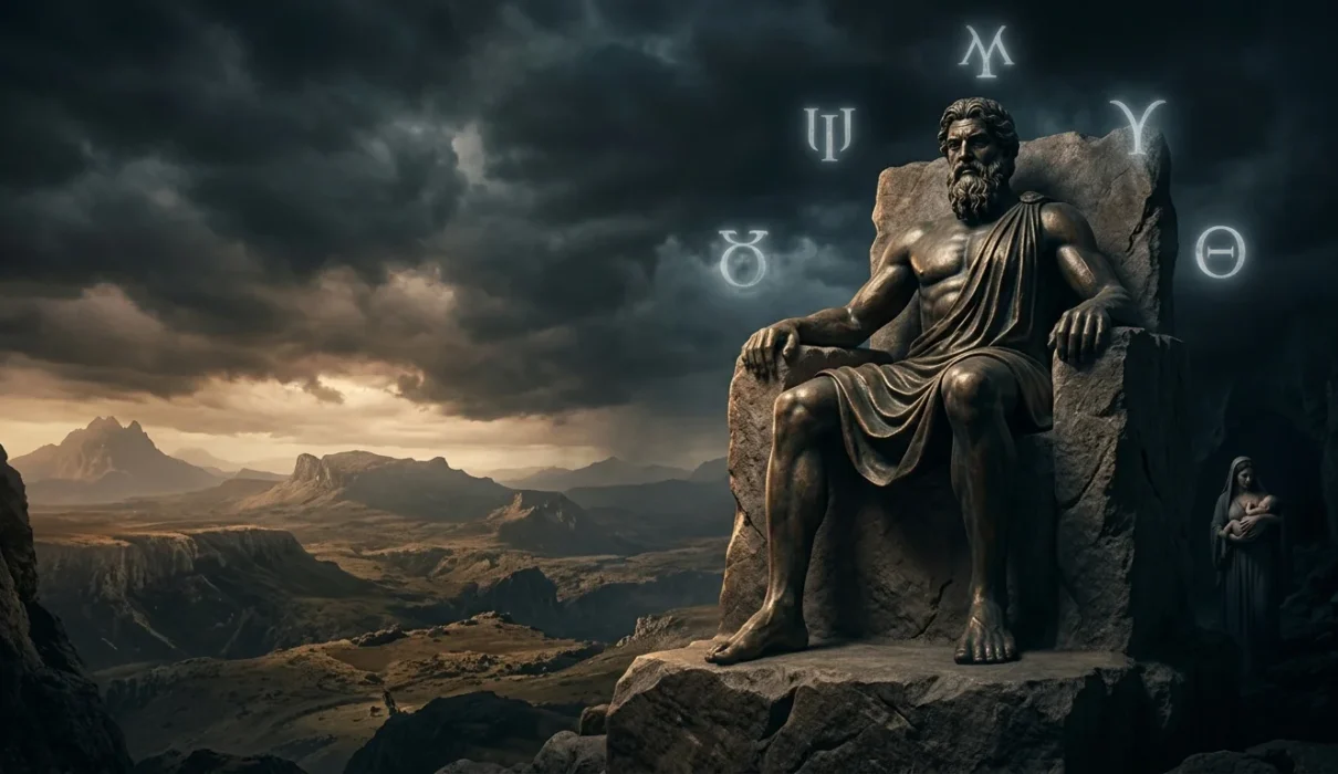 Cronus seated in fear while Rhea secretly protects the infant Zeus
