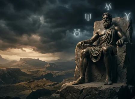 Cronus seated in fear while Rhea secretly protects the infant Zeus