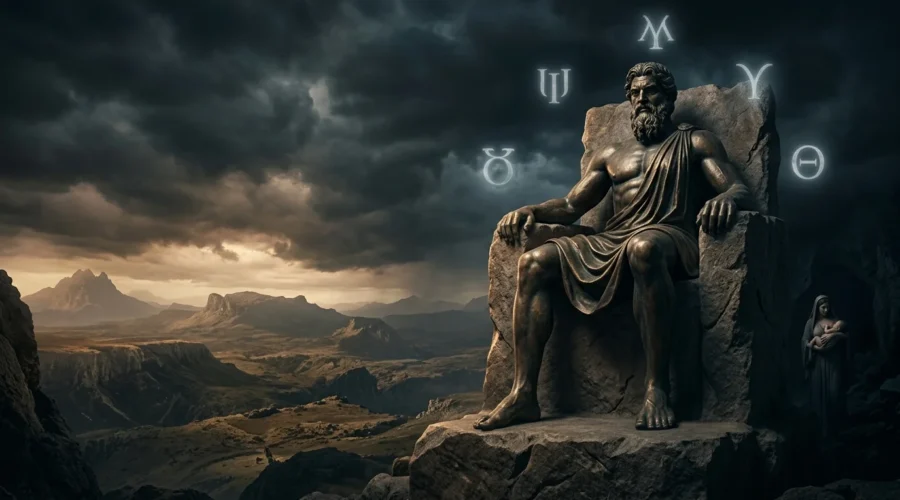 Cronus seated in fear while Rhea secretly protects the infant Zeus