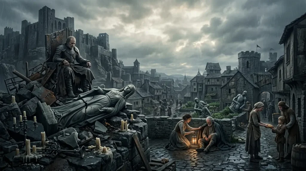 Dark fantasy city where corruption exists alongside surviving acts of goodness