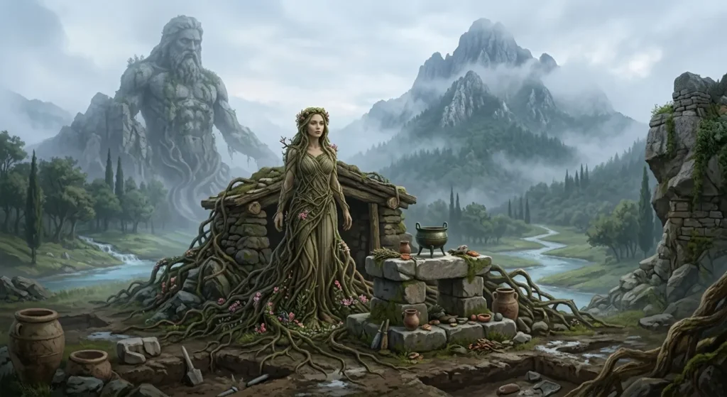 Gaia presides over an early Delphi sanctuary before Apollo becomes its famous oracle god.