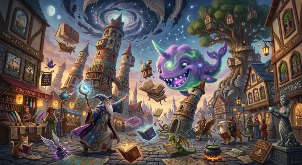 Surreal fantasy world where magic follows story logic