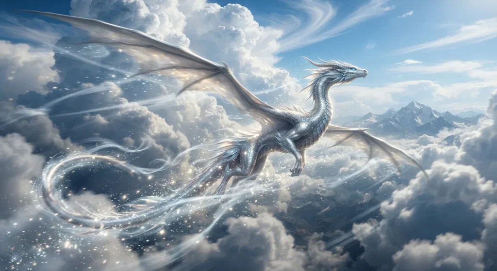 Winged air dragon flying through clouds above mountains