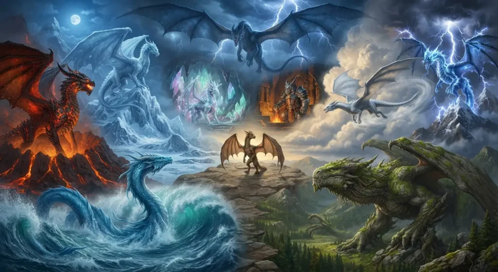 Different elemental dragons compared with a traditional non-elemental dragon