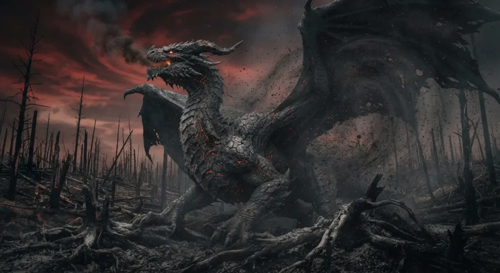 Ash dragon surrounded by ash and dying embers