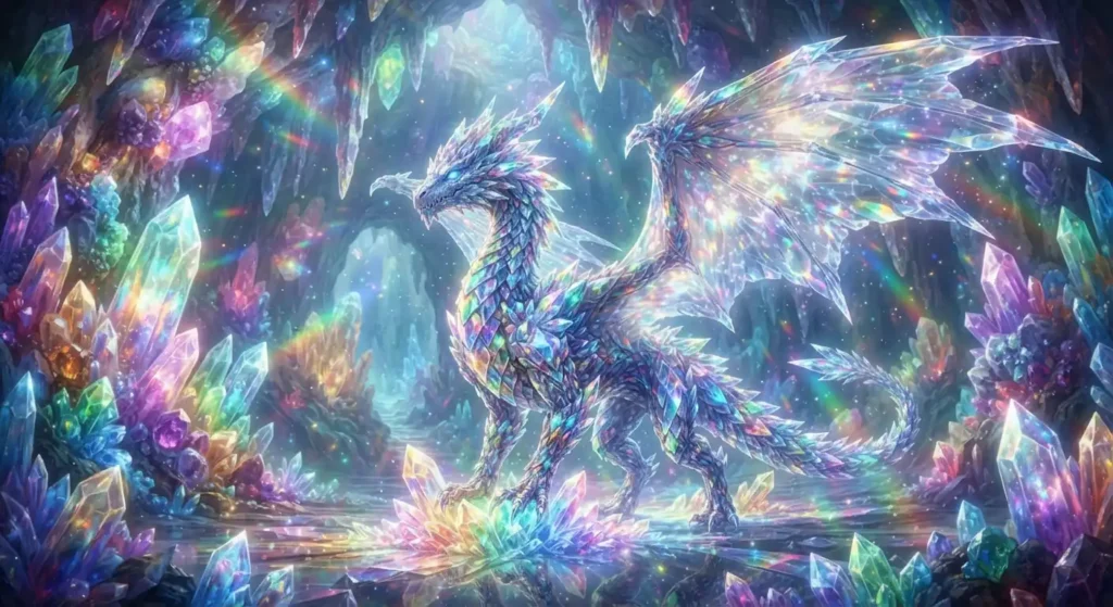 Crystal dragon surrounded by glowing formations inside a cavern