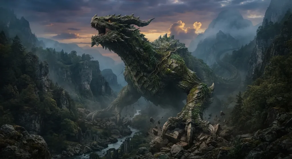 Stone-covered earth dragon emerging from a mountain