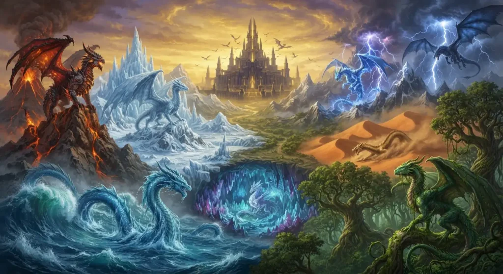 Elemental dragons inhabiting different magical environments