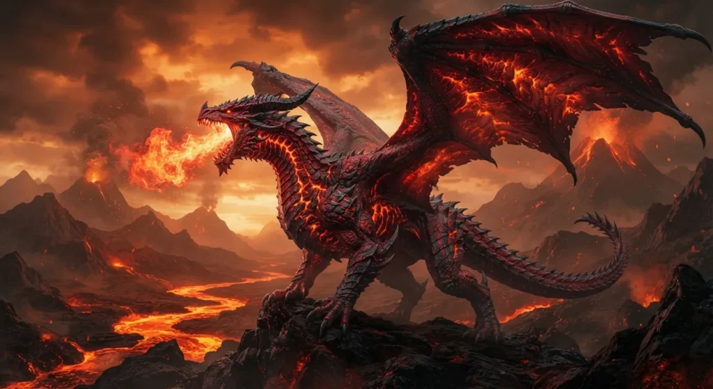 Red fire dragon surrounded by flames in a volcanic landscape
