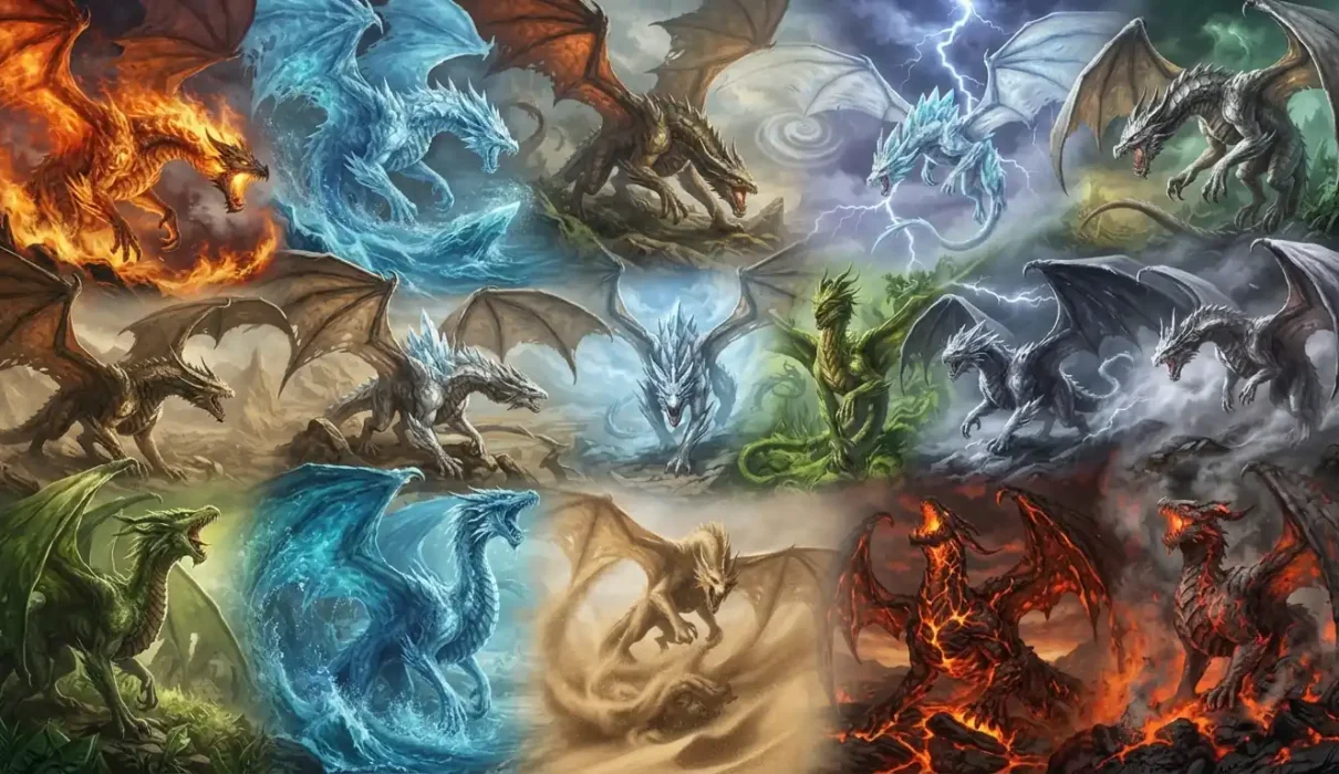 Fantasy elemental dragon types representing different elemental powers and environments