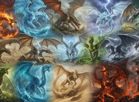 Fantasy elemental dragon types representing different elemental powers and environments