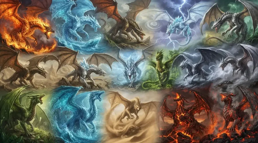 Fantasy elemental dragon types representing different elemental powers and environments
