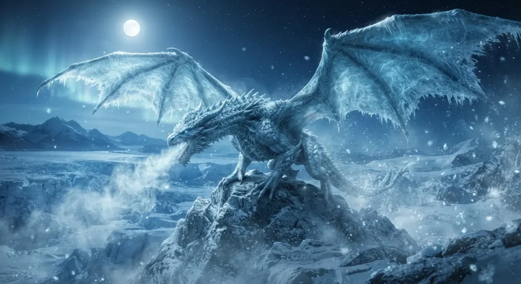 Blue ice dragon standing on a frozen mountain