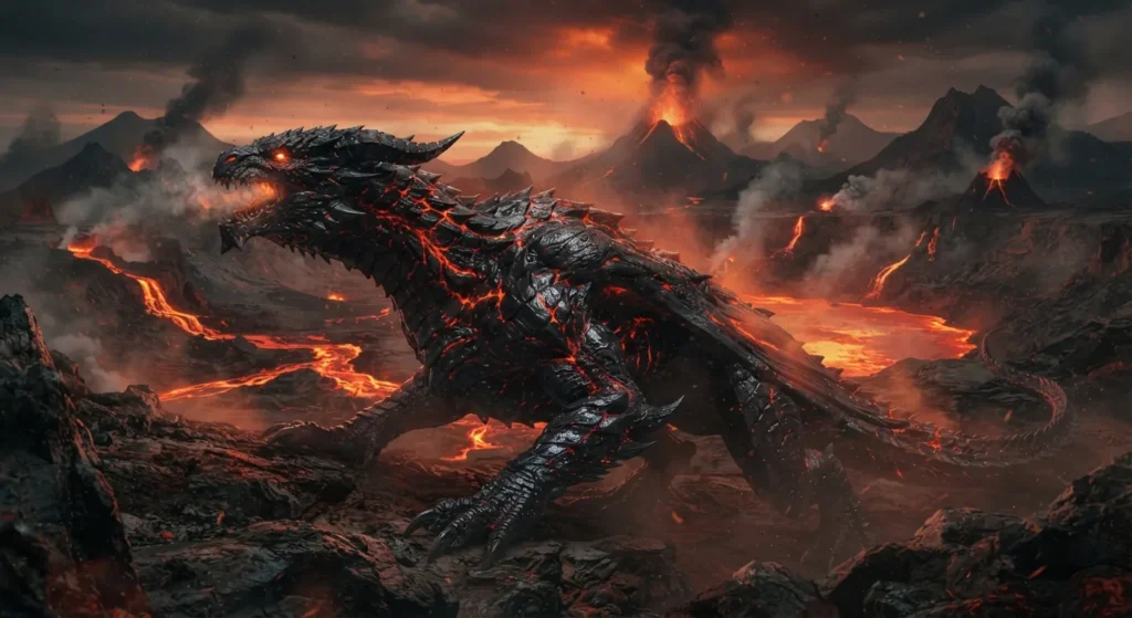 Lava dragon standing beside a flowing lava river