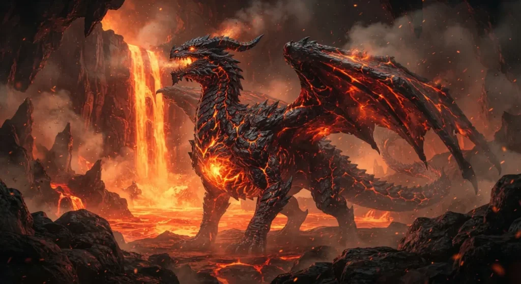 Magma dragon with glowing molten rock beneath its scales