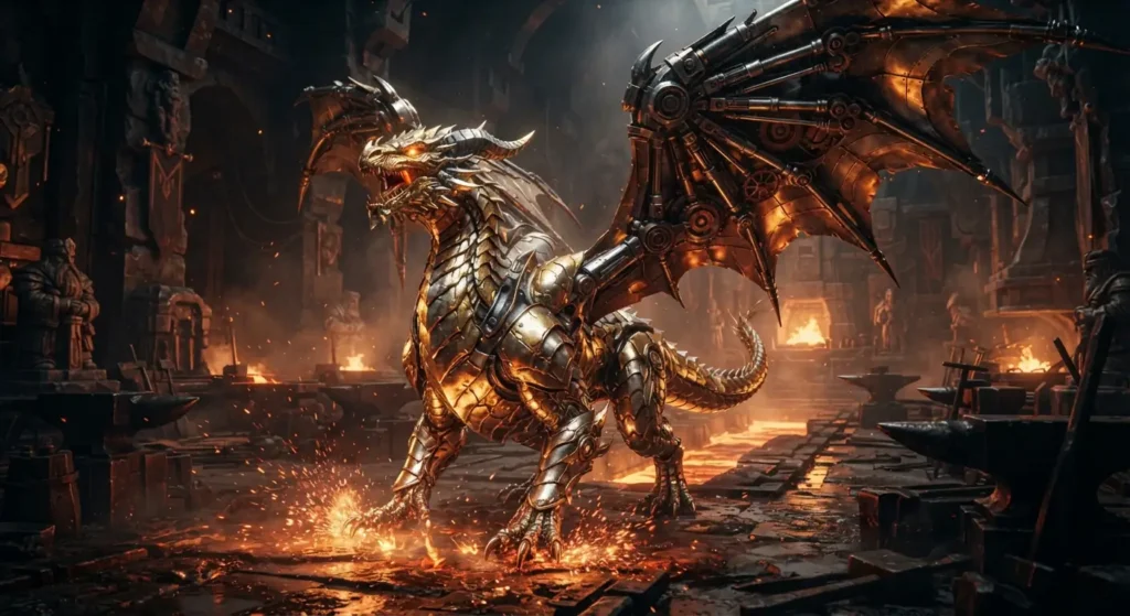 Metallic dragon standing inside a giant magical forge