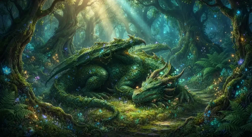 Green nature dragon surrounded by an enchanted forest
