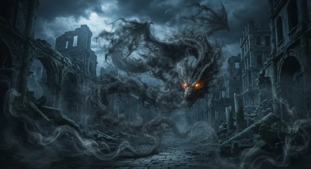 Smoke dragon disappearing into thick magical smoke