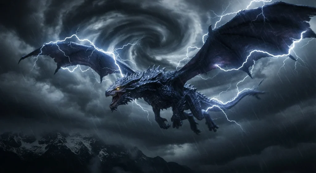 Storm dragon flying through a violent thunderstorm