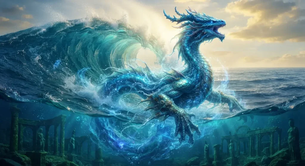 Blue water dragon emerging from a giant ocean wave