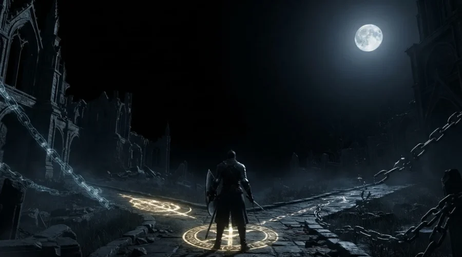 Dark fantasy hero choosing between fate vs free will at a mysterious crossroads