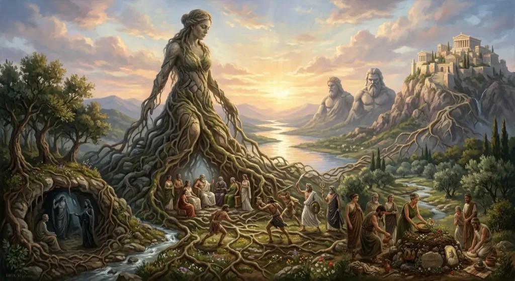 Gaia overlooks generations of Greek gods, symbolizing the enduring power of Earth in Greek mythology.
