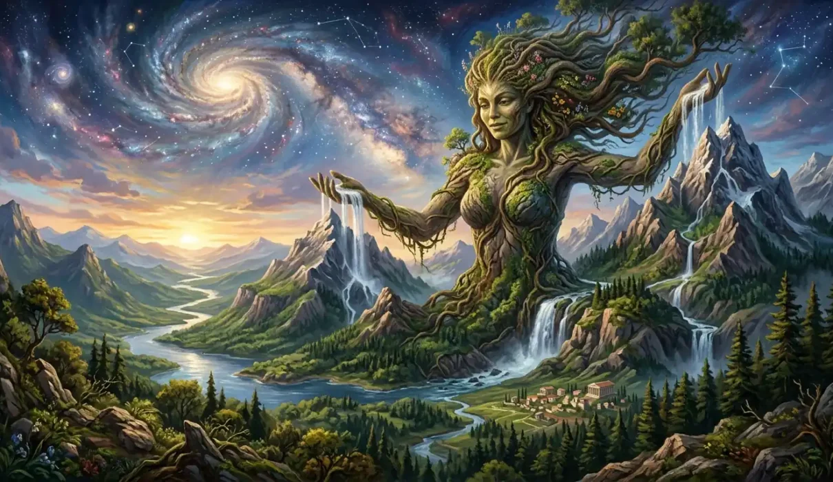 Gaia, the primordial Greek Earth goddess, rises from a vast landscape surrounded by mountains and forests.