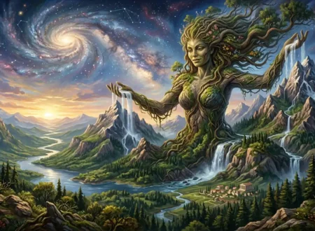 Gaia, the primordial Greek Earth goddess, rises from a vast landscape surrounded by mountains and forests.