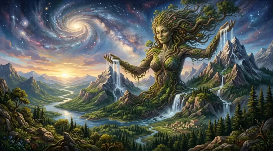 Gaia, the primordial Greek Earth goddess, rises from a vast landscape surrounded by mountains and forests.