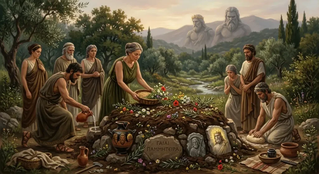 Ancient Greeks offer grain and flowers to Gaia at a simple sacred Earth altar.