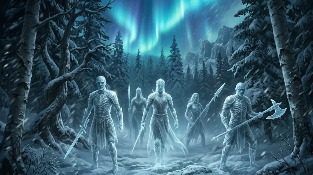 Pale Others emerging from a frozen northern forest