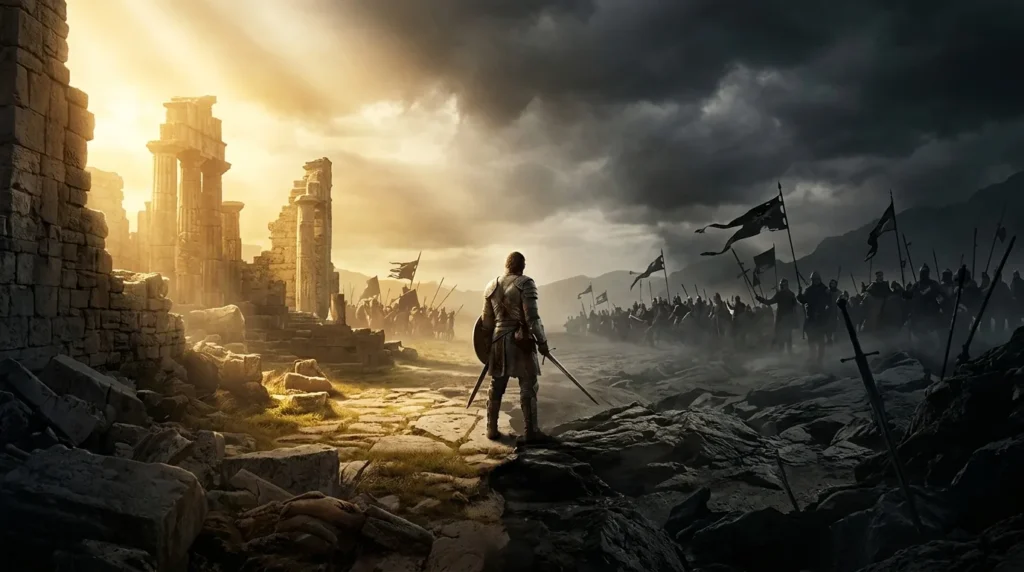 Fantasy traveler carrying a sword between light and darkness