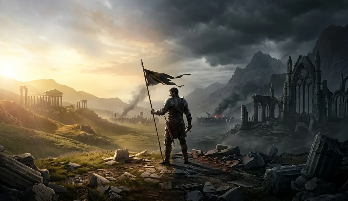 Dark fantasy warrior standing between opposing forces of good vs evil