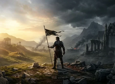 Dark fantasy warrior standing between opposing forces of good vs evil
