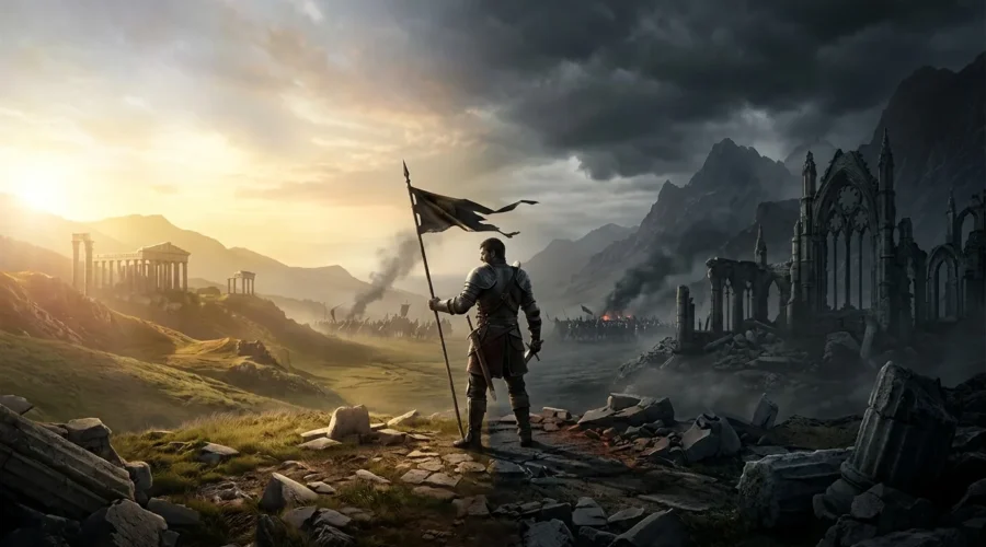 Dark fantasy warrior standing between opposing forces of good vs evil