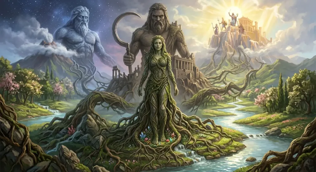 Gaia stands between generations of Greek gods, symbolizing her recurring role in divine succession.