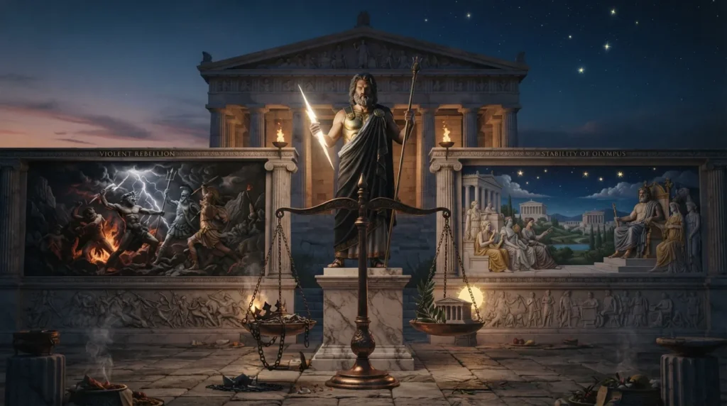 Symbolic comparison of Zeus’s violent rise and his new divine order