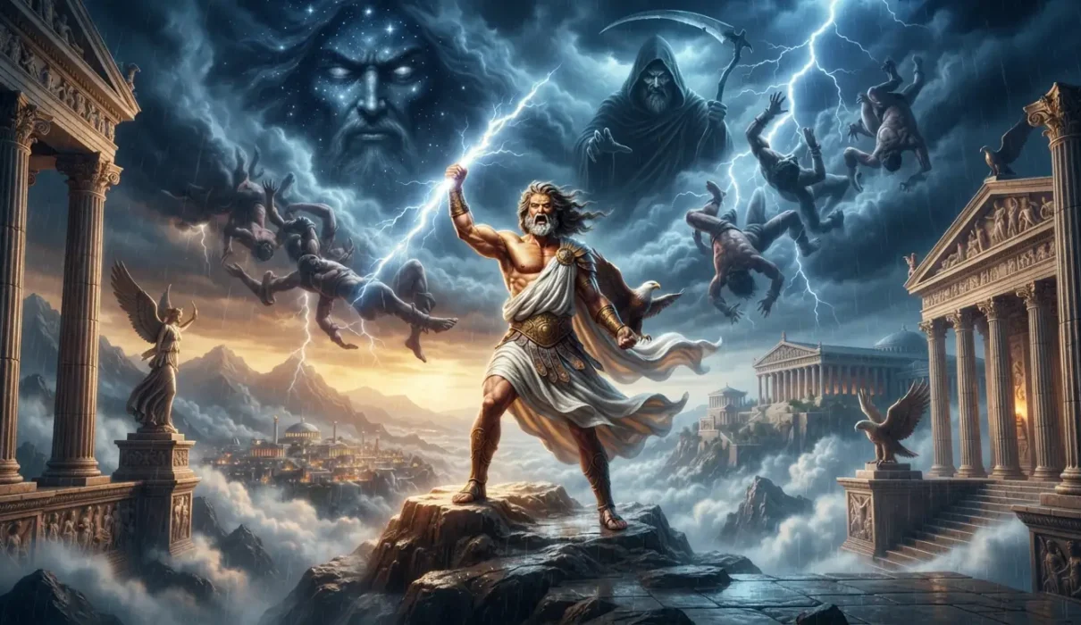 Chaos to Zeus - Zeus standing victorious on Mount Olympus after defeating the Titans