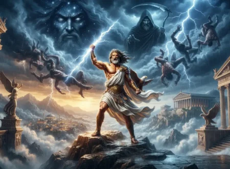 Chaos to Zeus - Zeus standing victorious on Mount Olympus after defeating the Titans