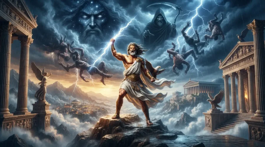 Chaos to Zeus - Zeus standing victorious on Mount Olympus after defeating the Titans