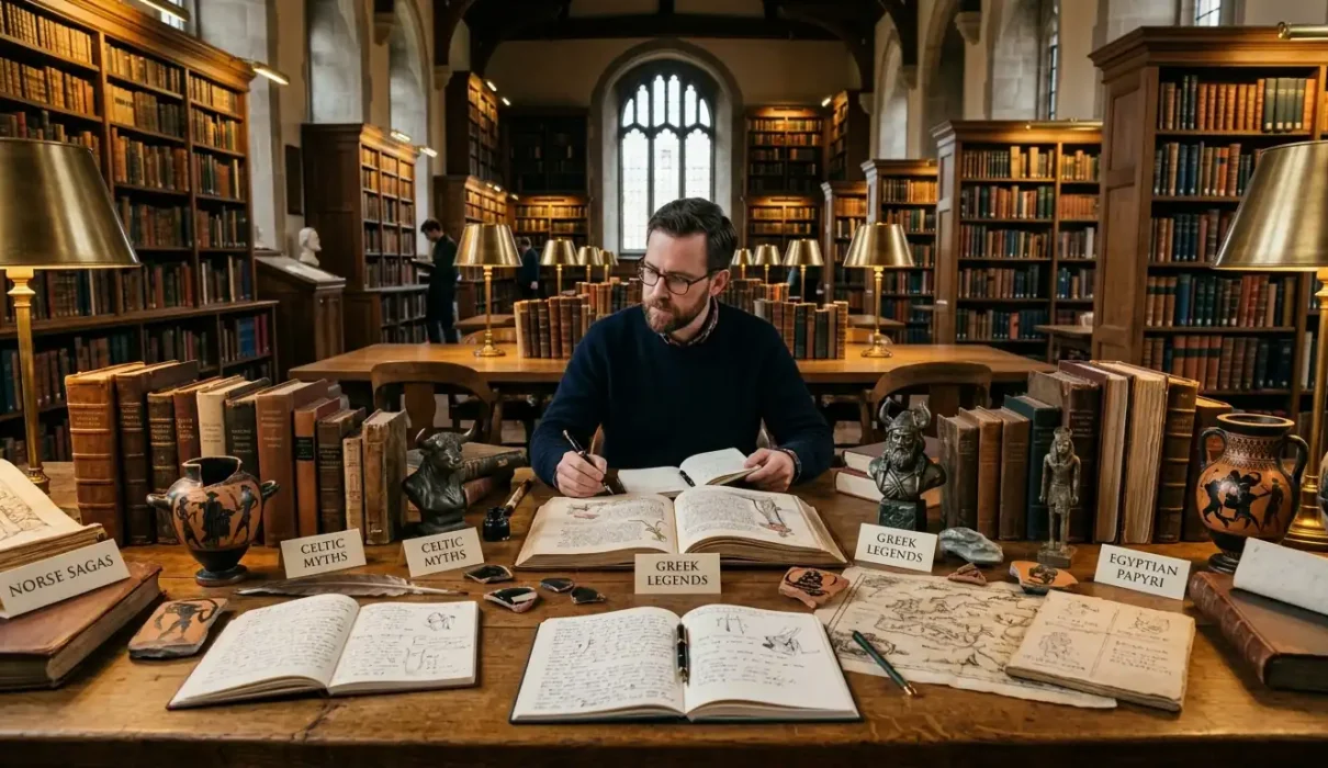 Writer studying diverse mythological traditions before creating fantasy
