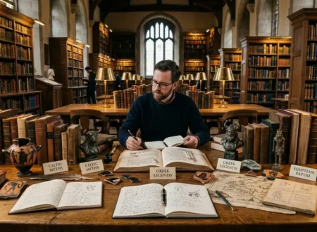 Writer studying diverse mythological traditions before creating fantasy