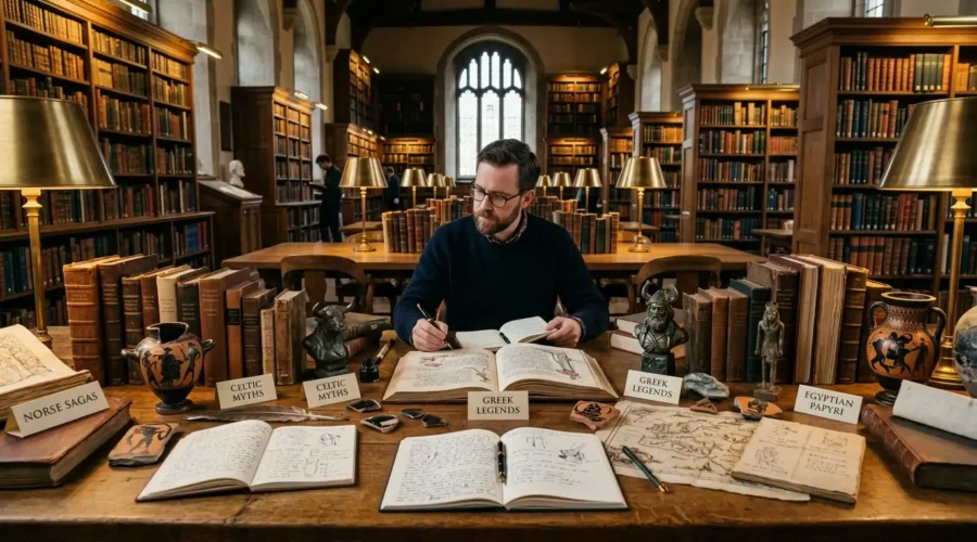 Writer studying diverse mythological traditions before creating fantasy