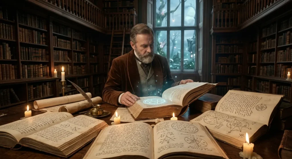 Victorian magician studying forgotten magical manuscripts