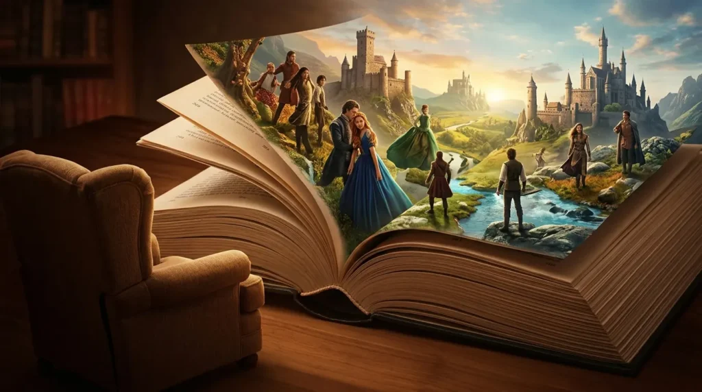 Long romantasy novel opening into an expansive fantasy world
