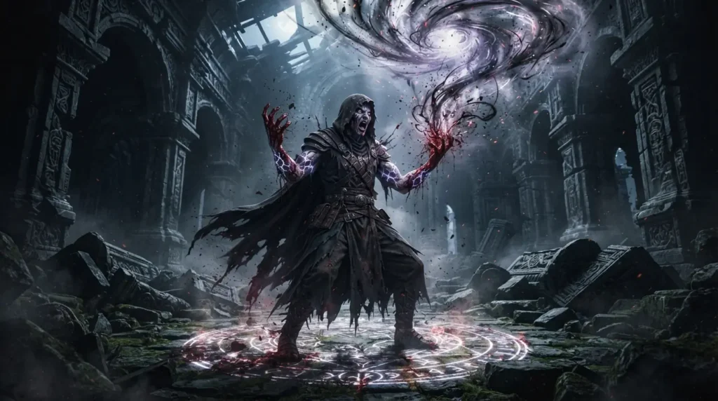 A sorcerer casts forbidden magic as glowing cracks spread across their skin and supernatural energy surrounds them.