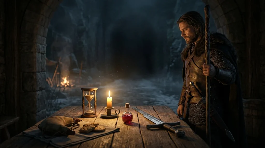 Fantasy adventurer surrounded by symbols of limited resources