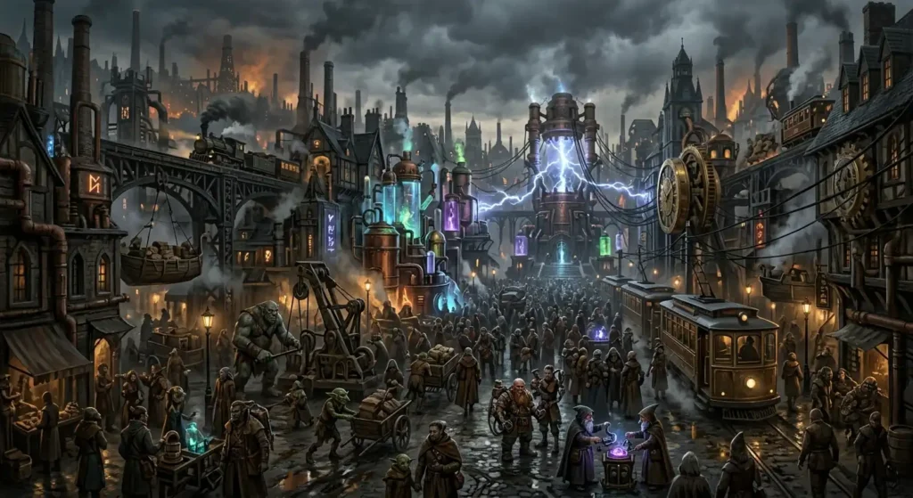 Industrial fantasy city where magic powers machinery and technology