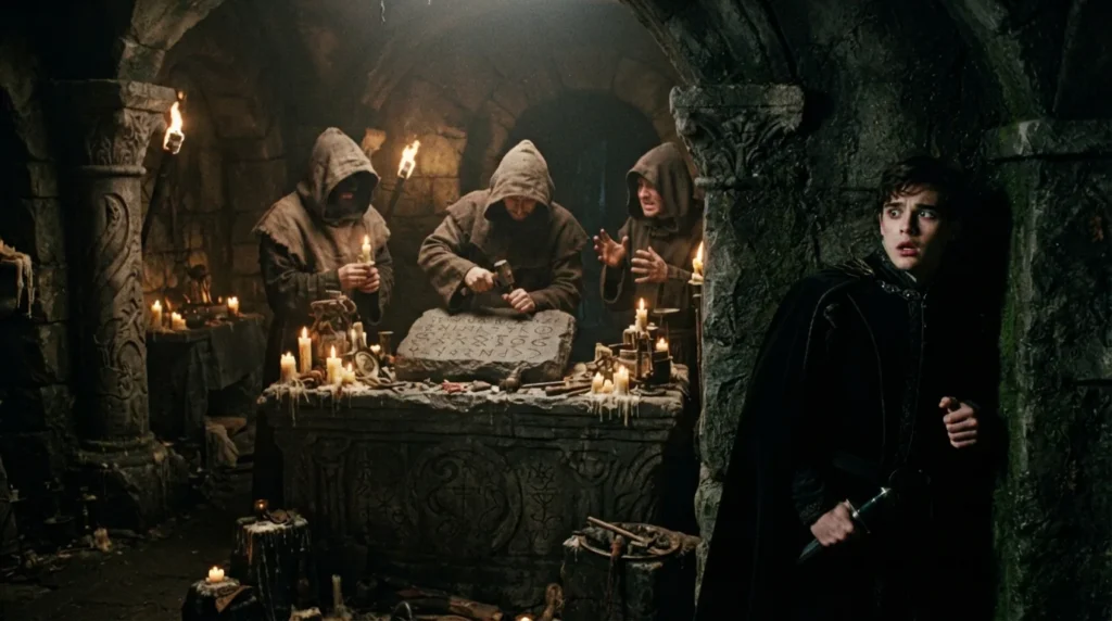 Hooded conspirators secretly carve a false prophecy while a young heir watches from the shadows.